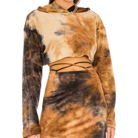 Kim shui velour chocolate brown tie dye crop top hoodie and skirt sz small - Picture 2 of 3